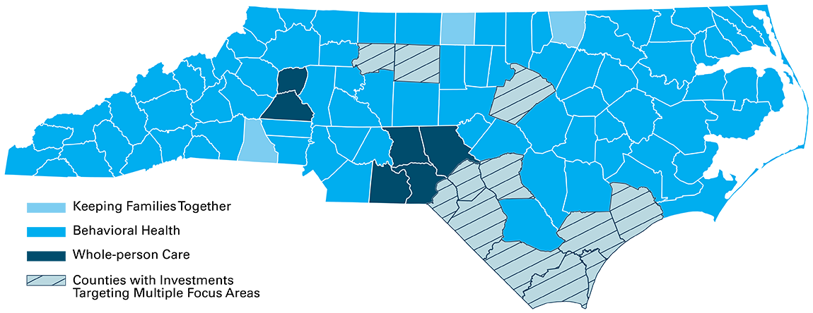 Map showing NC counties that keep families together, have behavioral health, whole-person care and counties with investments targeting multiple focus areas.