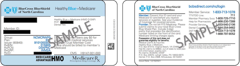 Blue Cross NC sample of Healthy Blue + Medicare cards - front and back