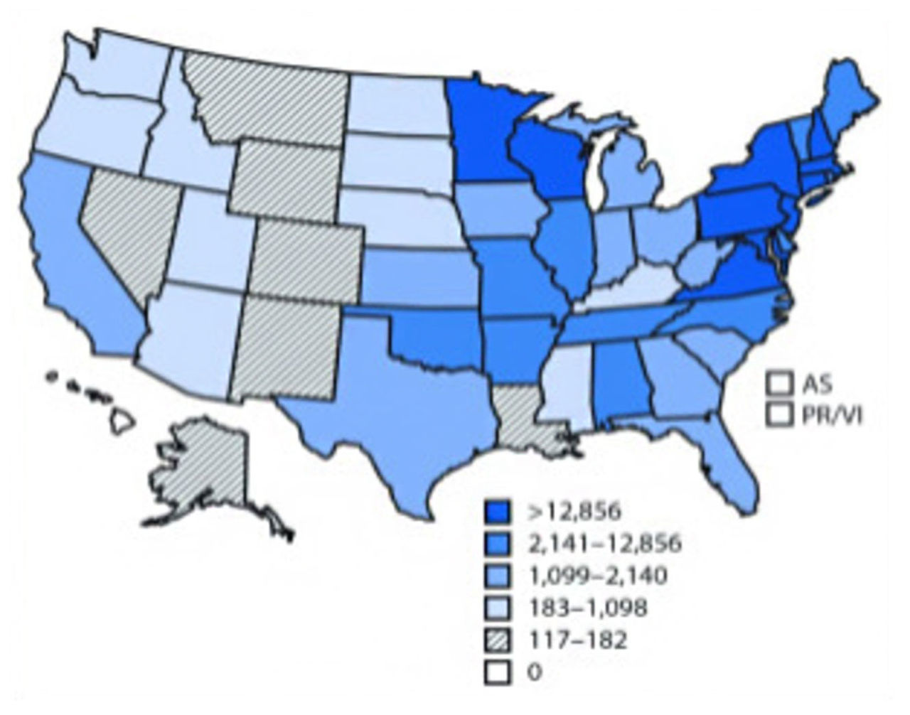 The number of  tick-borne diseases in the US states and territories