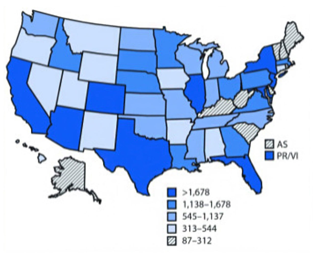 The number of  tick-borne diseases in the US states and territories