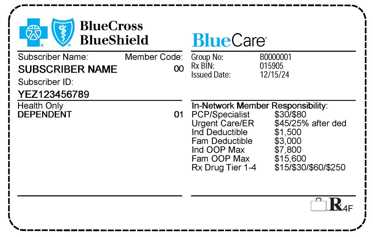 Front of a YEZ prefix Blue Care HMO member ID card