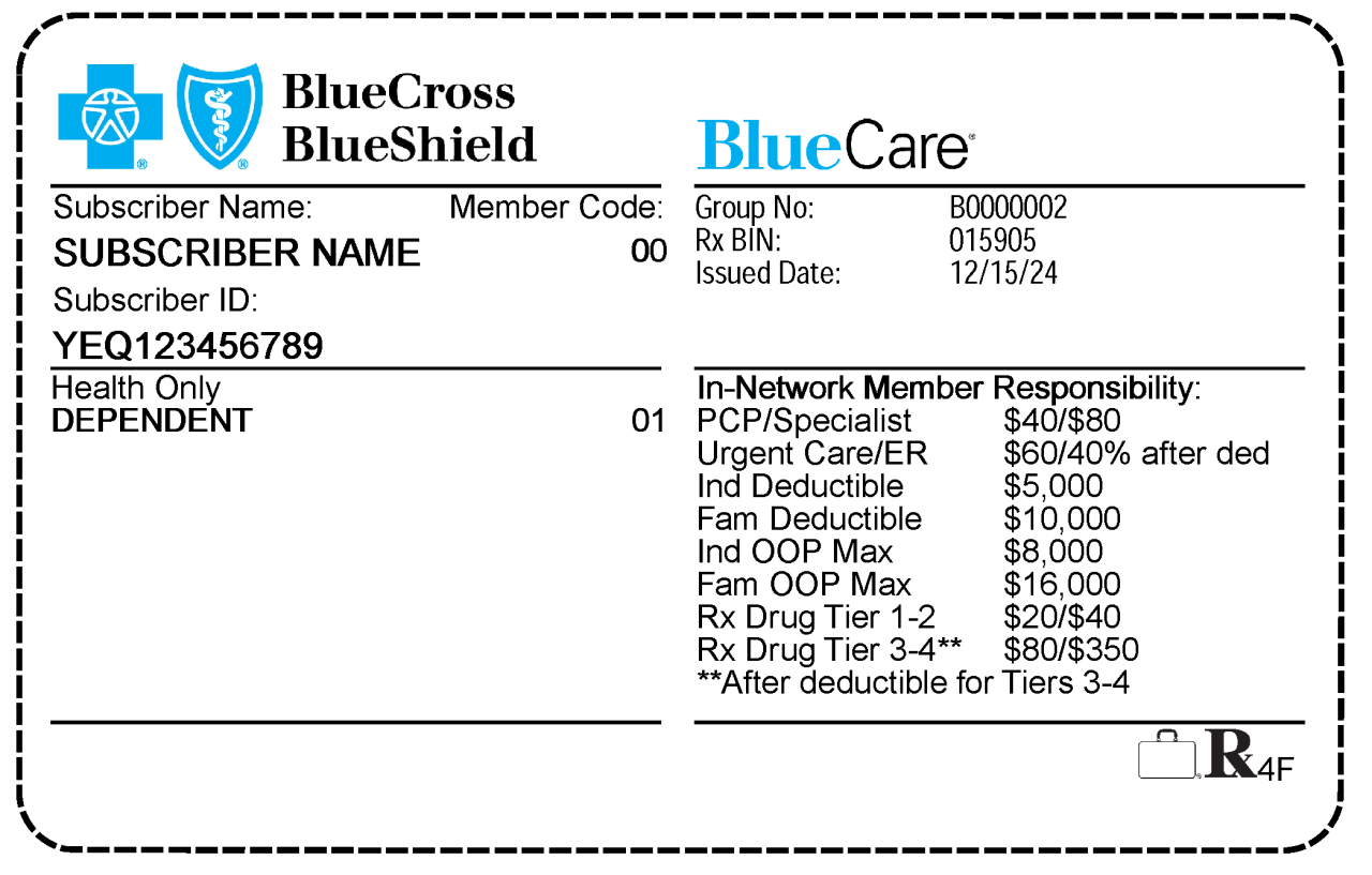 Front of a YEQ prefix Blue Care HMO member ID card