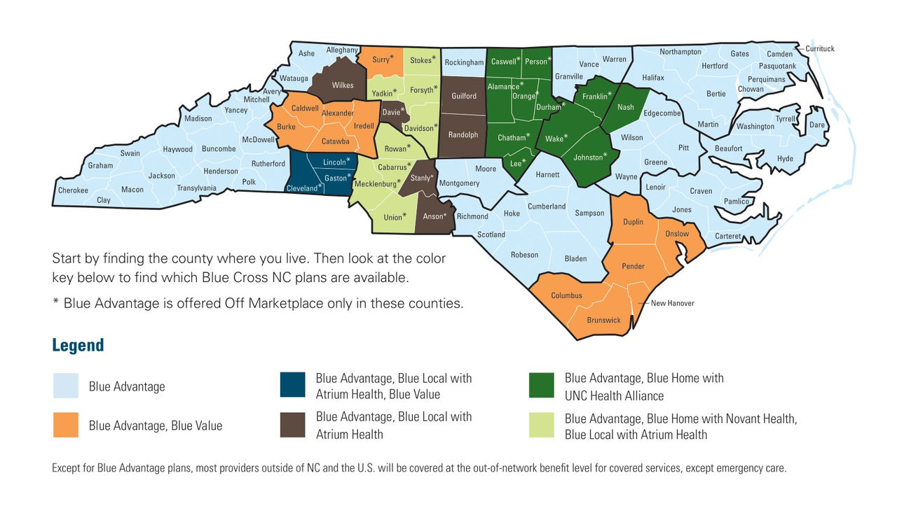 Map showing Blue Cross NC counties and locations the different types of Blue Advantage are offered